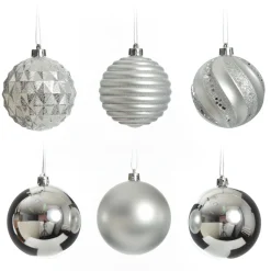 Assorted Decorative Silver Shatterproof Christmas Baubles - Set of 6 Clearance