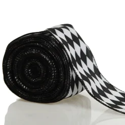 Black and White Harlequin Diamond Pattern Wired Ribbon - 6.5cm Best