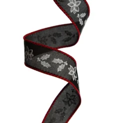 Black Holly with Red Trim Wired Ribbon - 2.2cm Clearance