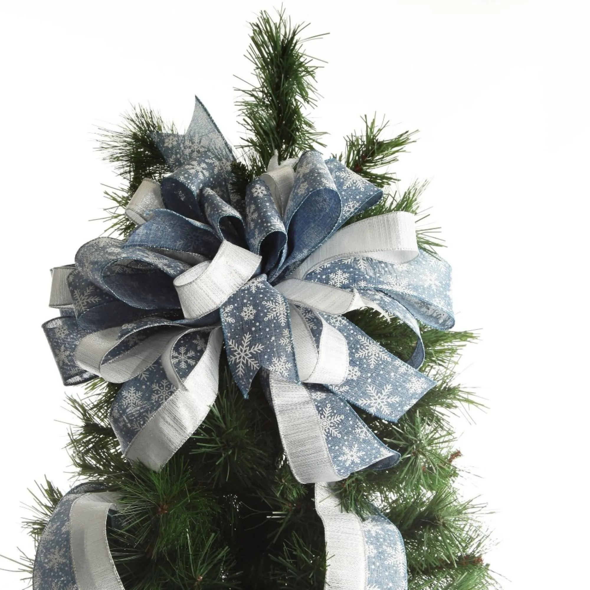 Blue and Silver Snowflake Deluxe Tree Topper Bow with Streamers Sale