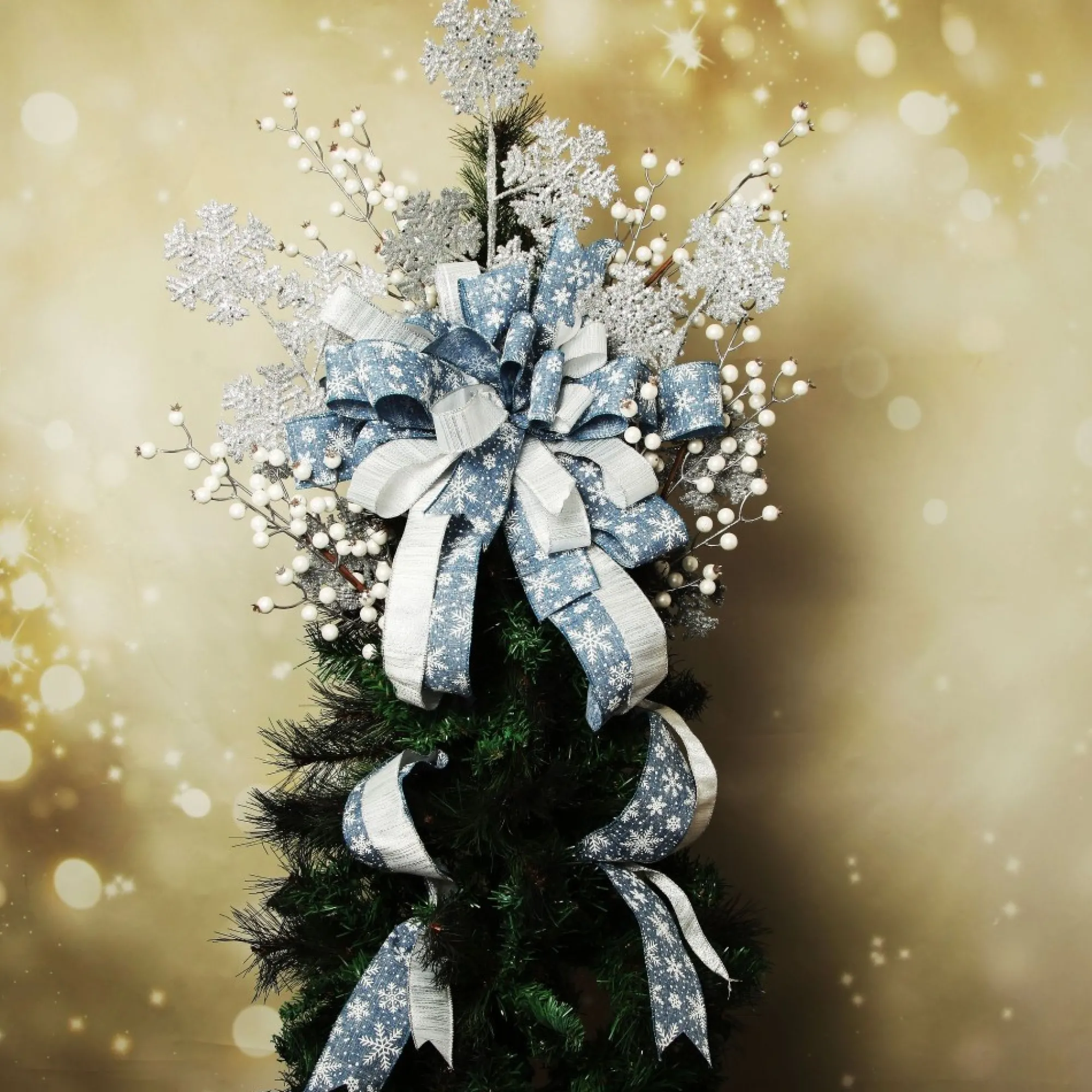 Blue and Silver Snowflake Deluxe Tree Topper Bow with Streamers Sale