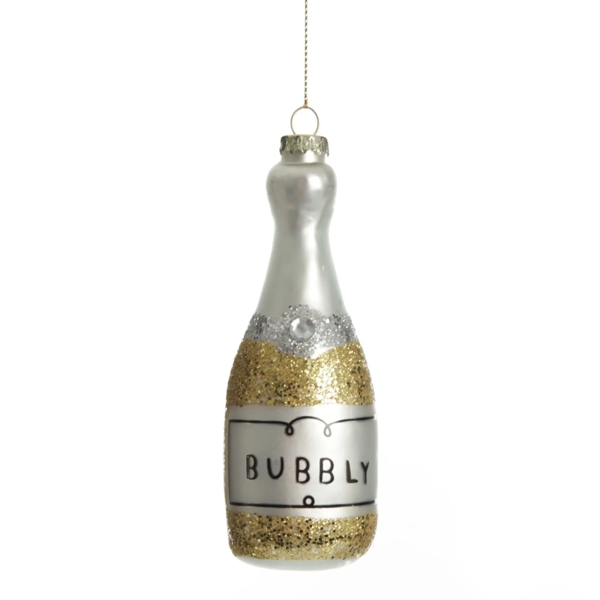 Champagne Bottle Gold Glitter Bubbly Glass Tree Decoration New
