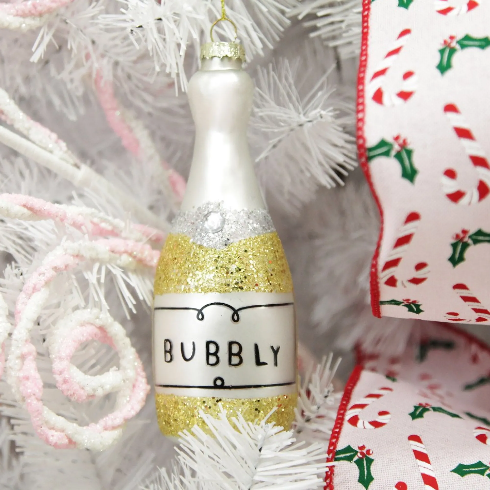 Champagne Bottle Gold Glitter Bubbly Glass Tree Decoration New