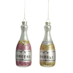 Champagne Bottle Gold Glitter Bubbly Glass Tree Decoration New