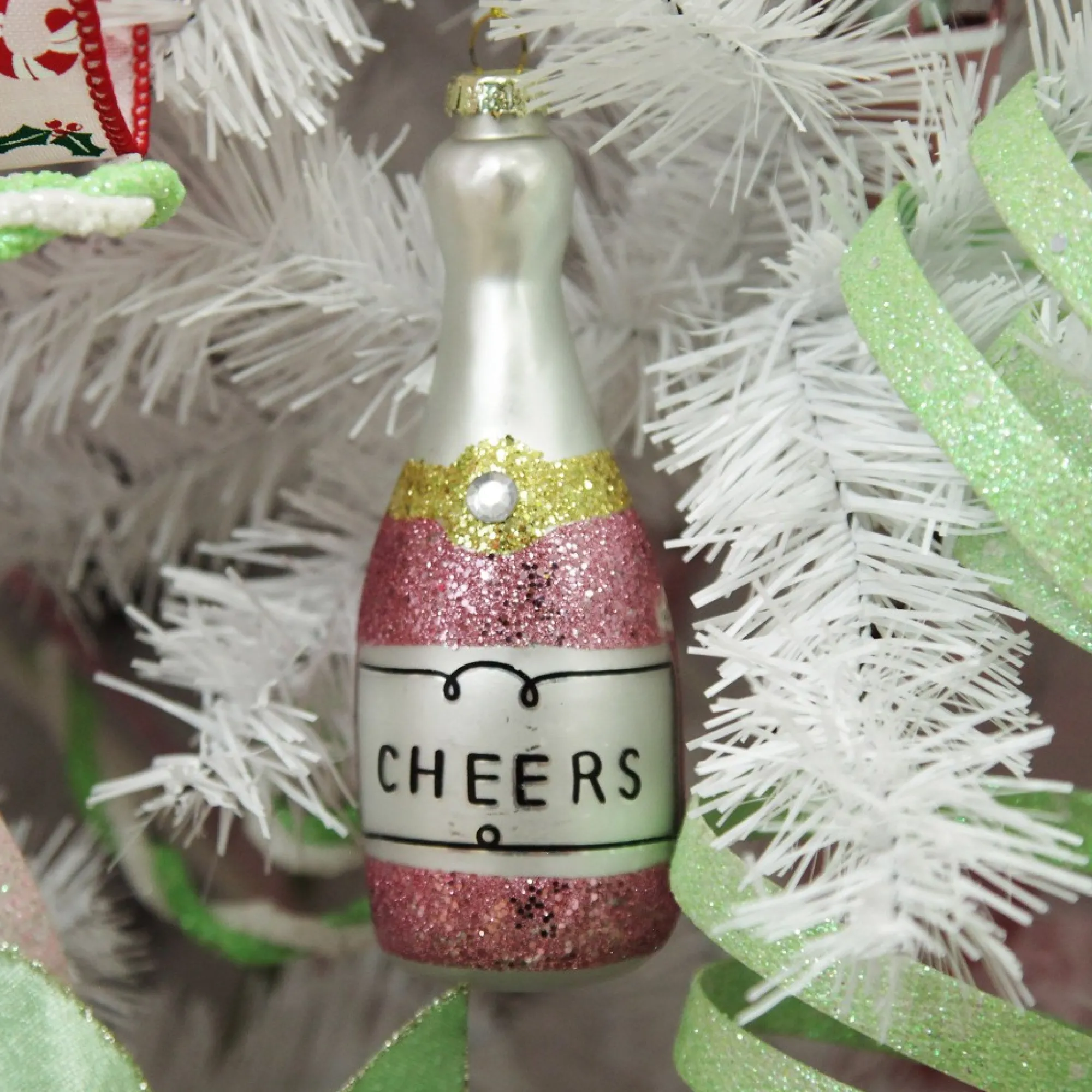 Champagne Bottle Pink Glitter Cheers Glass Tree Decoration Hot