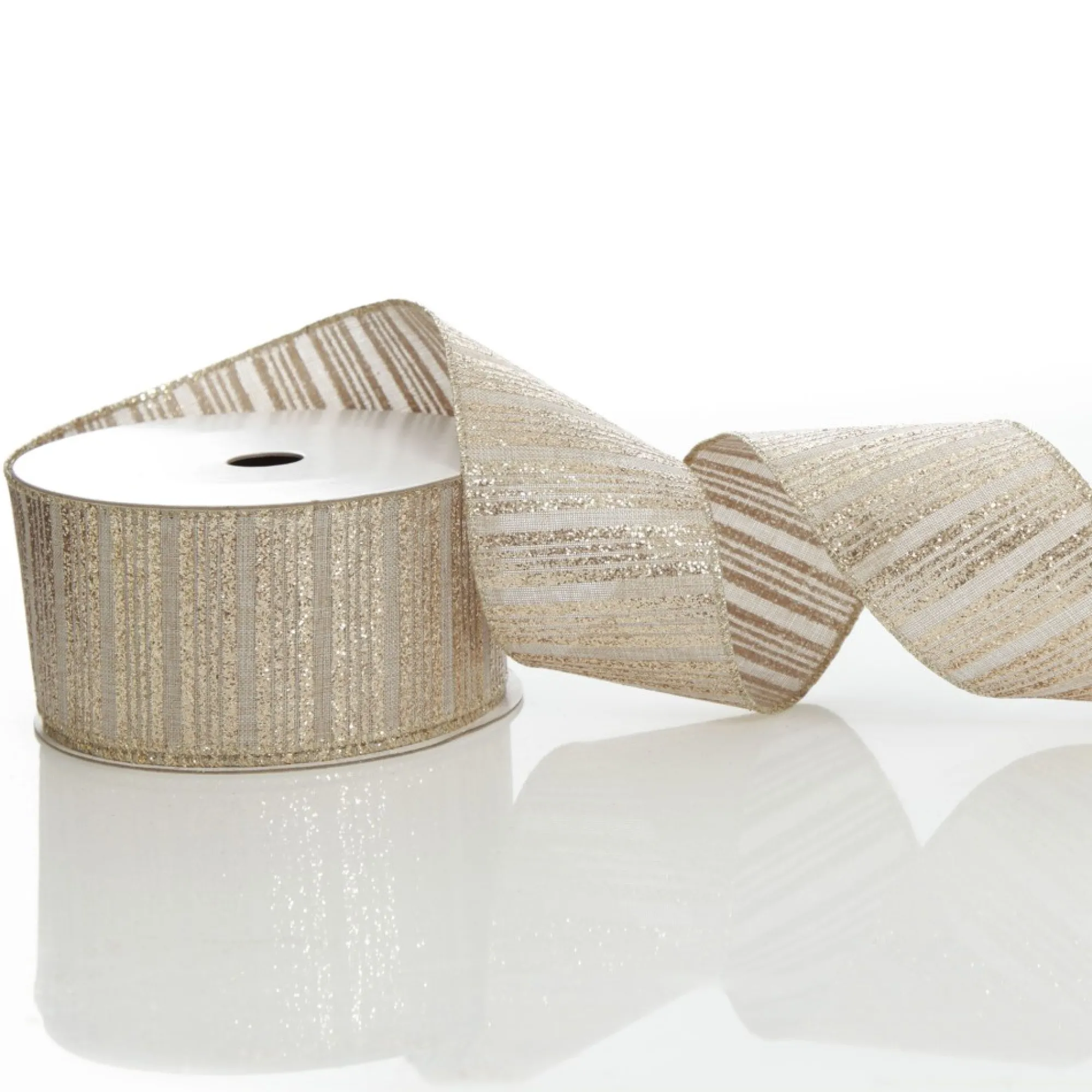 Champagne Glitter and Linen Striped Wired Ribbon - 6.5cm Cheap