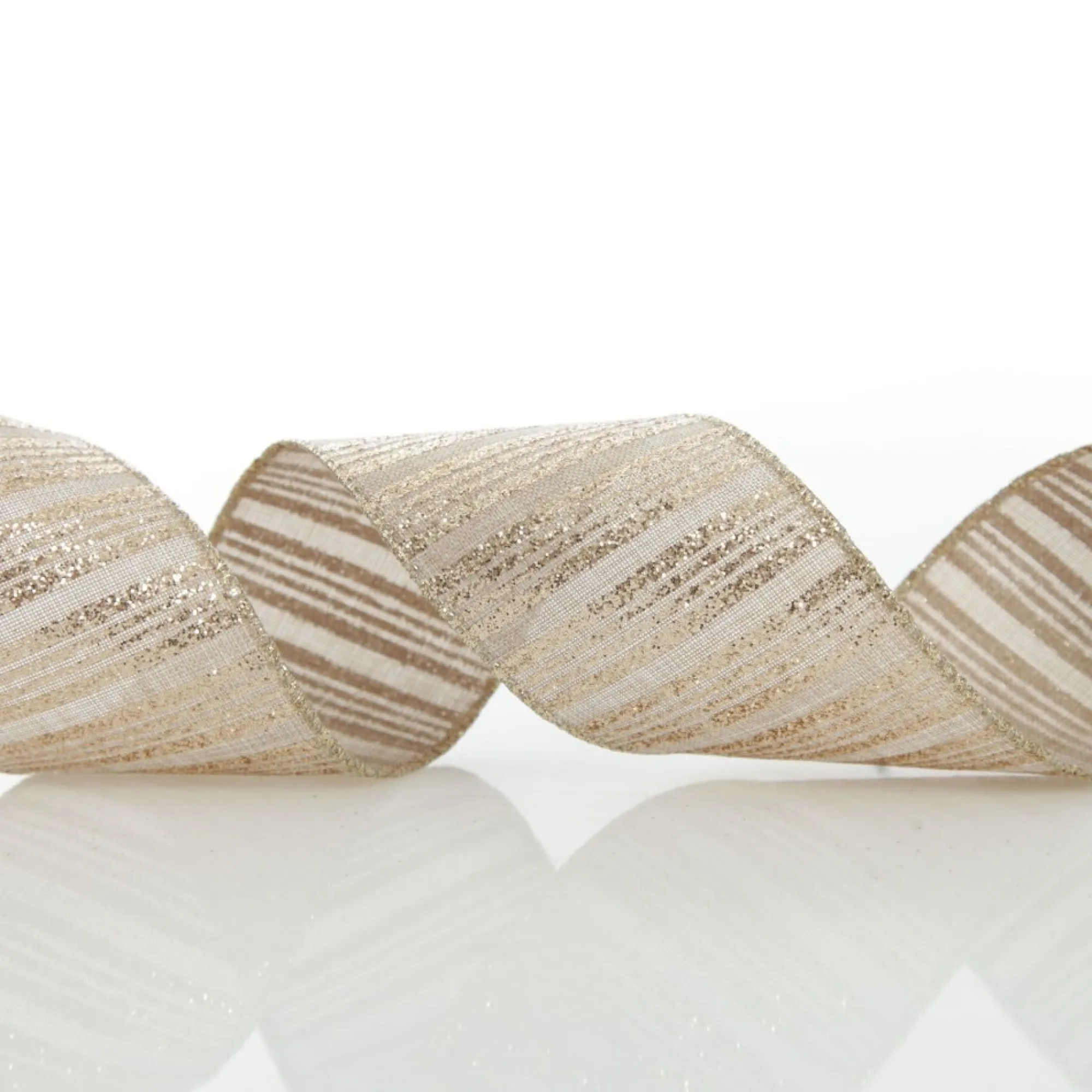 Champagne Glitter and Linen Striped Wired Ribbon - 6.5cm Cheap