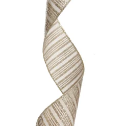 Champagne Glitter and Linen Striped Wired Ribbon - 6.5cm Cheap