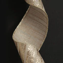 Champagne Glitter and Linen Striped Wired Ribbon - 6.5cm Cheap