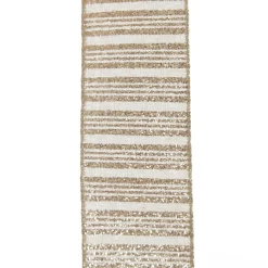 Champagne Glitter and Linen Striped Wired Ribbon - 6.5cm Cheap