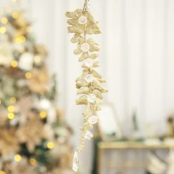Champagne Glitter Leaf and Pearls Long Tree Decoration Hot