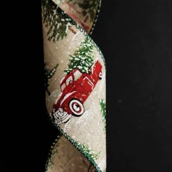Christmas Ute with Snowy Trees Natural Linen Wired Ribbon - 6.25cm Online