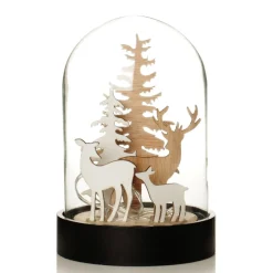 Dark Wood Base Glass Cloche with Reindeer New