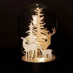 Dark Wood Base Glass Cloche with Reindeer New