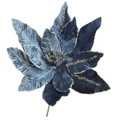 Denim Blue Poinsettia Flower Stem with Silver Glitter Highlights Discount