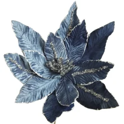 Denim Blue Poinsettia Flower Stem with Silver Glitter Highlights Discount