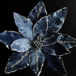 Denim Blue Poinsettia Flower Stem with Silver Glitter Highlights Discount
