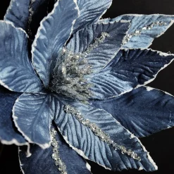 Denim Blue Poinsettia Flower Stem with Silver Glitter Highlights Discount