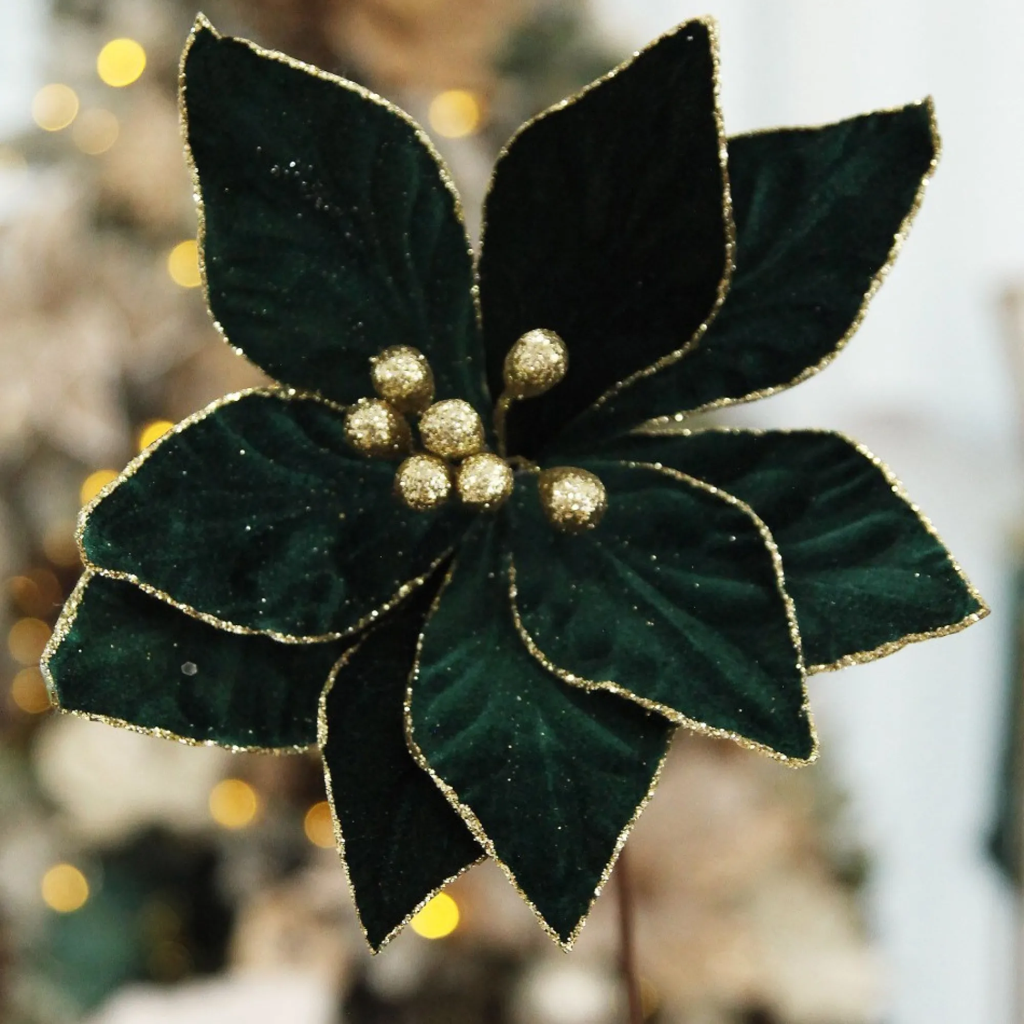 Emerald Poinsettia Flower Stem with Gold Glitter Edge Best Sale