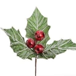 Frosted Green Holly Leaf Stem with Red Berries Outlet