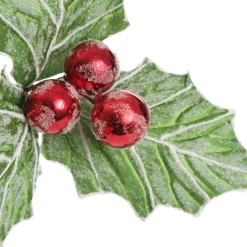 Frosted Green Holly Leaf Stem with Red Berries Outlet