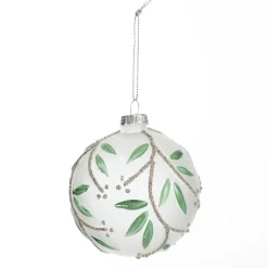 Frosted White Bauble with Green Leaves Sale