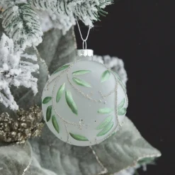 Frosted White Bauble with Green Leaves Sale