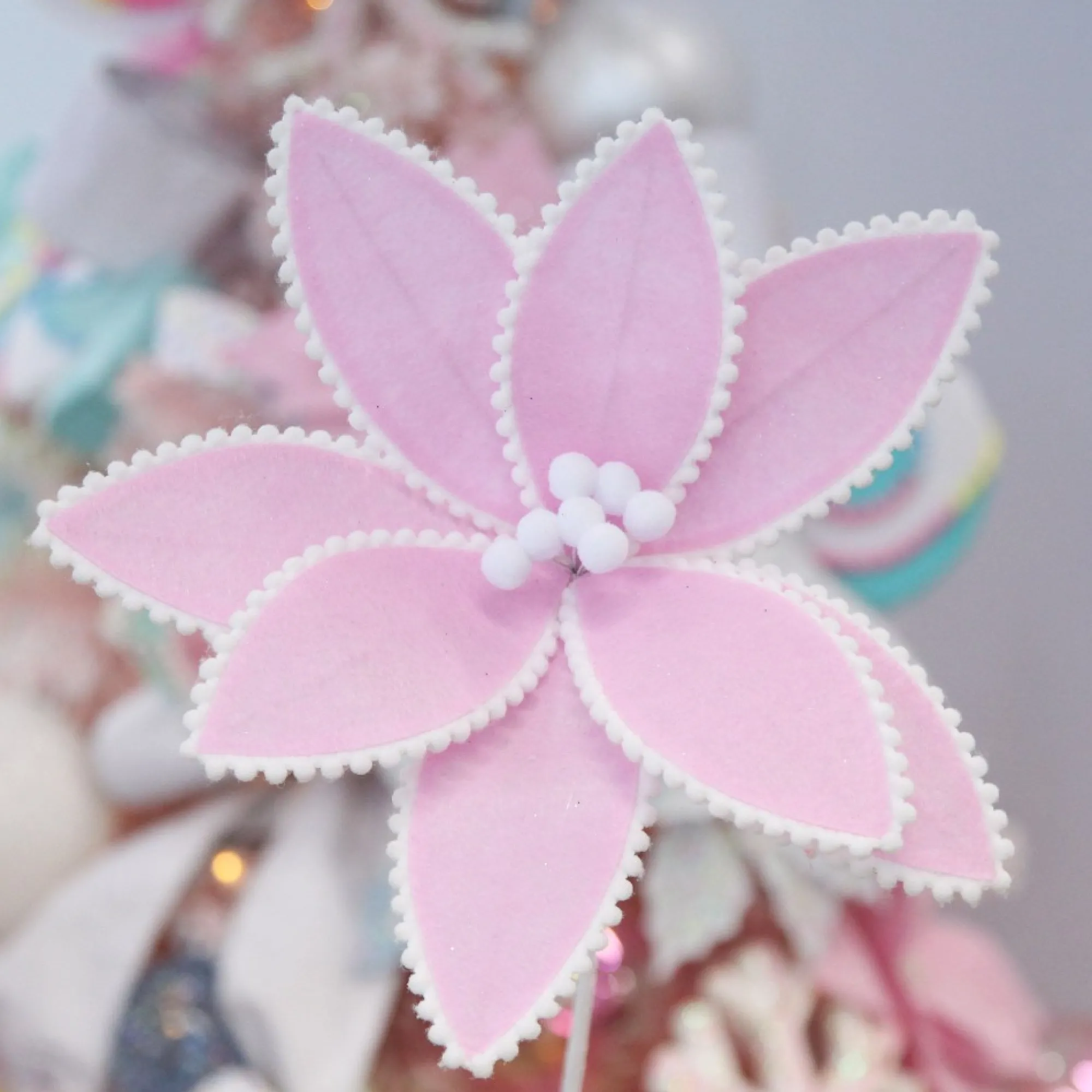 Fun Pale Pink Flower Stem with White Pom Pom Trim Fashion