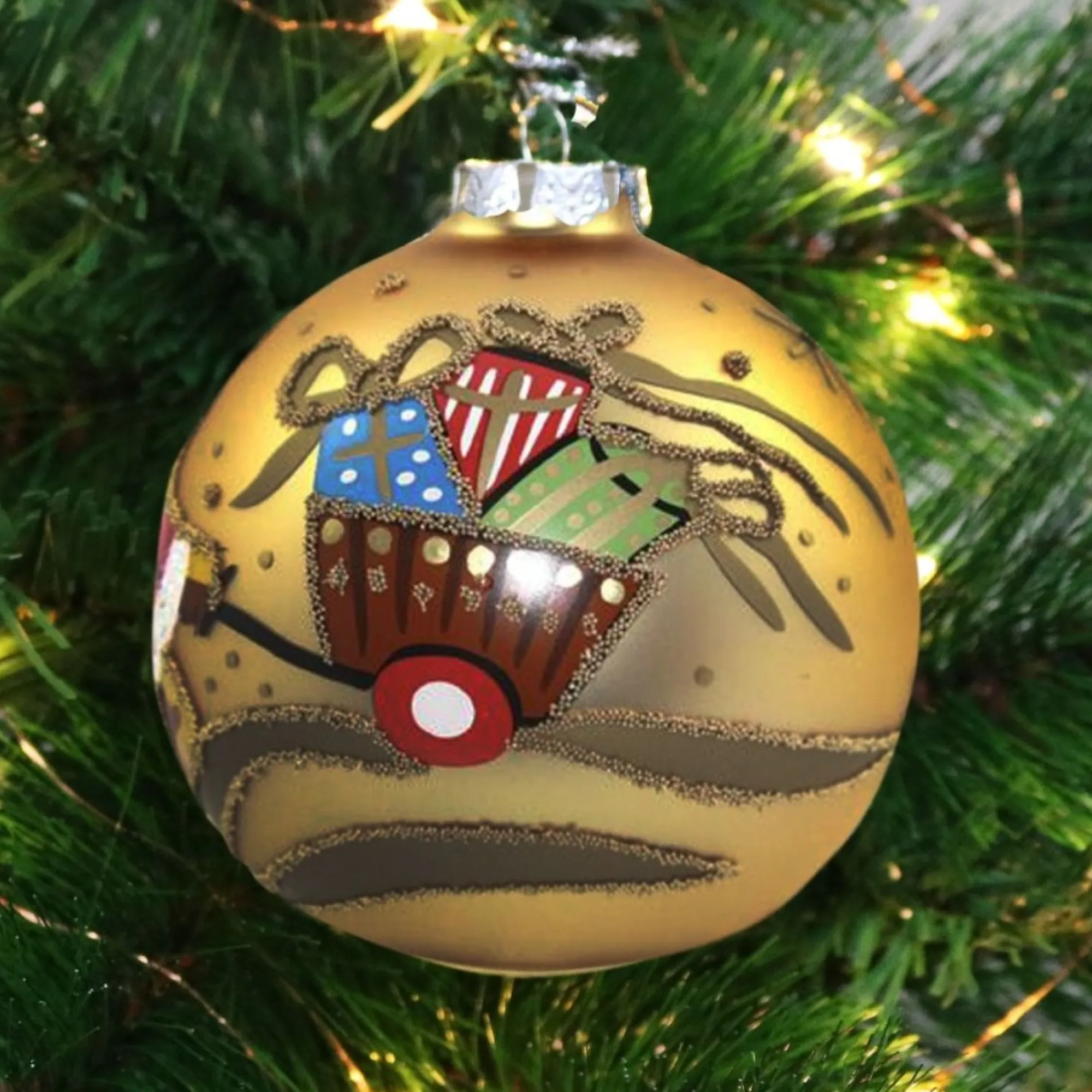 Gold Christmas Bear with Cart Bauble Cheap