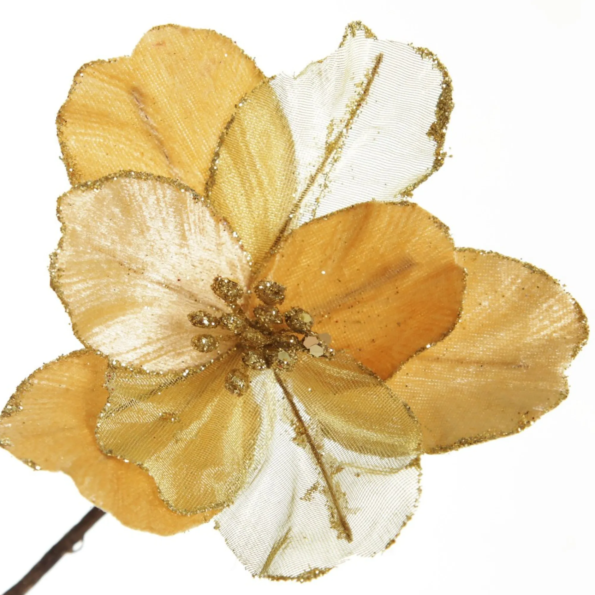 Gold Satin Magnolia Flower Stem with Glitter Trim Store