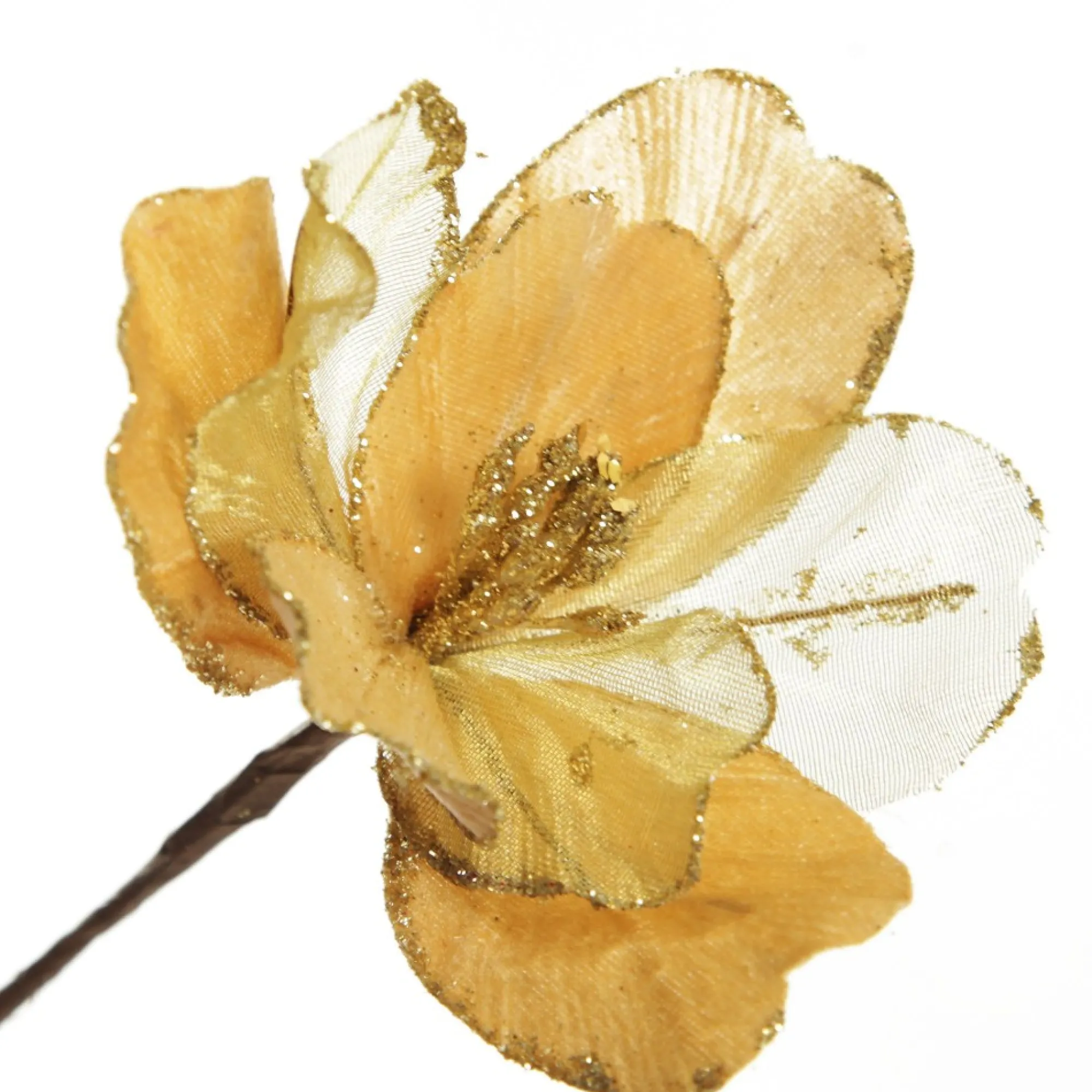 Gold Satin Magnolia Flower Stem with Glitter Trim Store