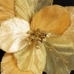 Gold Satin Magnolia Flower Stem with Glitter Trim Store