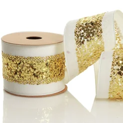Gold Sequin Wired Christmas Ribbon Flash Sale