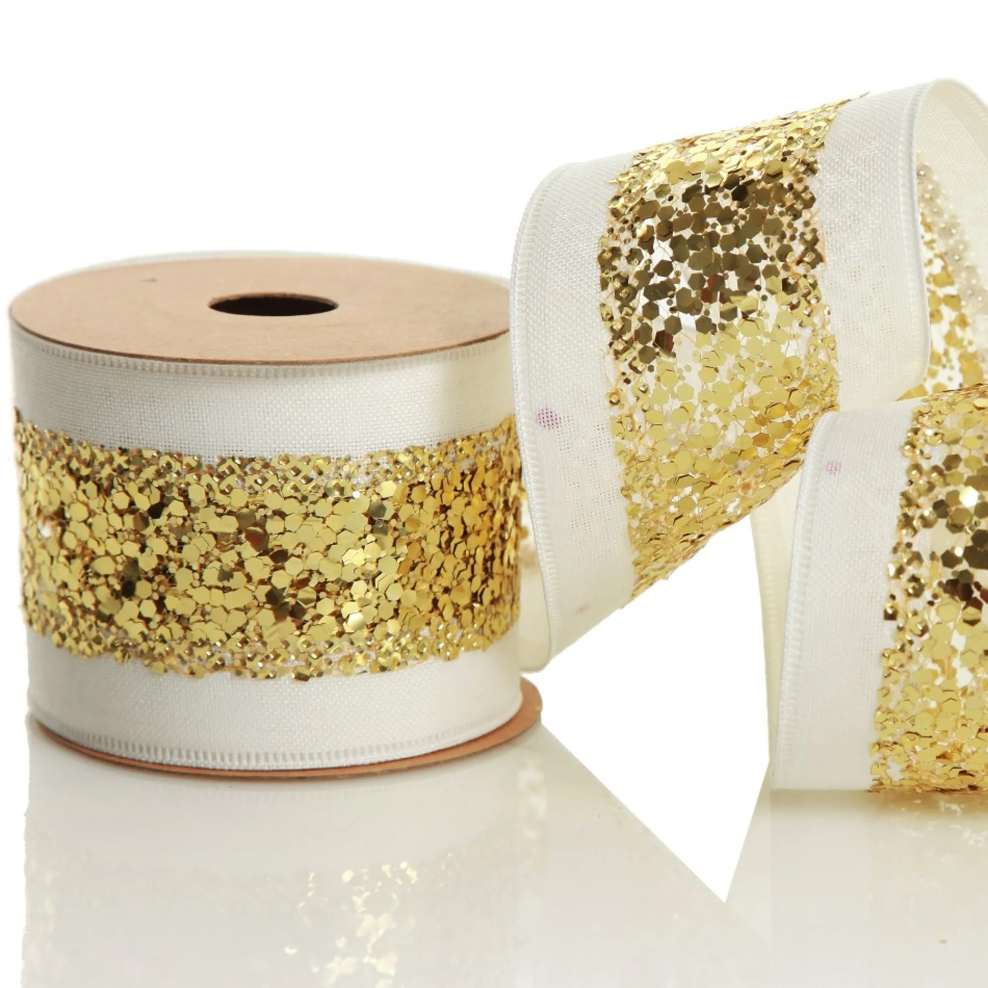 Gold Sequin Wired Christmas Ribbon Flash Sale