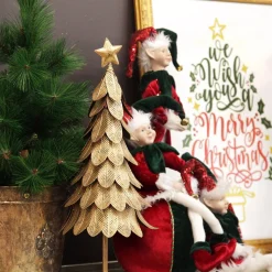 Green and Red Elf on Bauble Christmas Ornament New