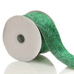 Green Sparkle Glitter Ribbon Wired Edge - 6.3cm Hot