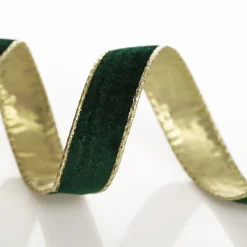 Green Velvet Gold Trim Wired Christmas Ribbon Cheap