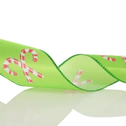 Green with Printed Candy Canes Wired Christmas Ribbon Shop