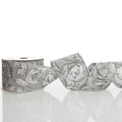 Grey Linen with Silver Glitter Floral Pattern Ribbon Cheap