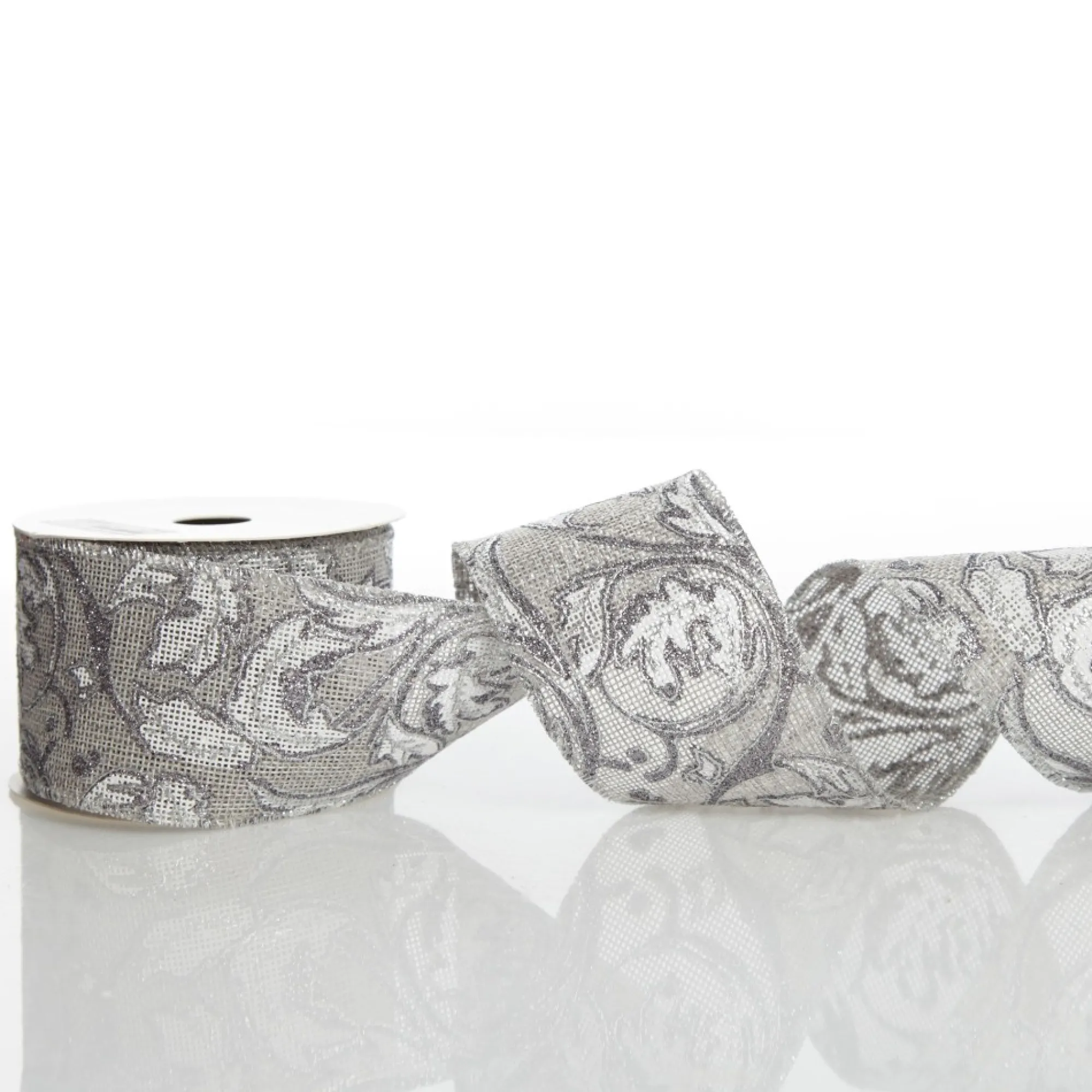 Grey Linen with Silver Glitter Floral Pattern Ribbon Cheap