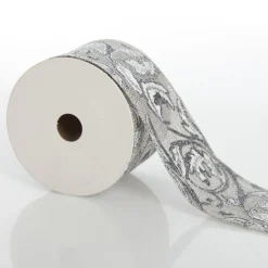 Grey Linen with Silver Glitter Floral Pattern Ribbon Cheap