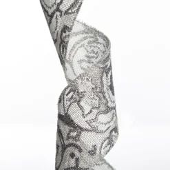 Grey Linen with Silver Glitter Floral Pattern Ribbon Cheap