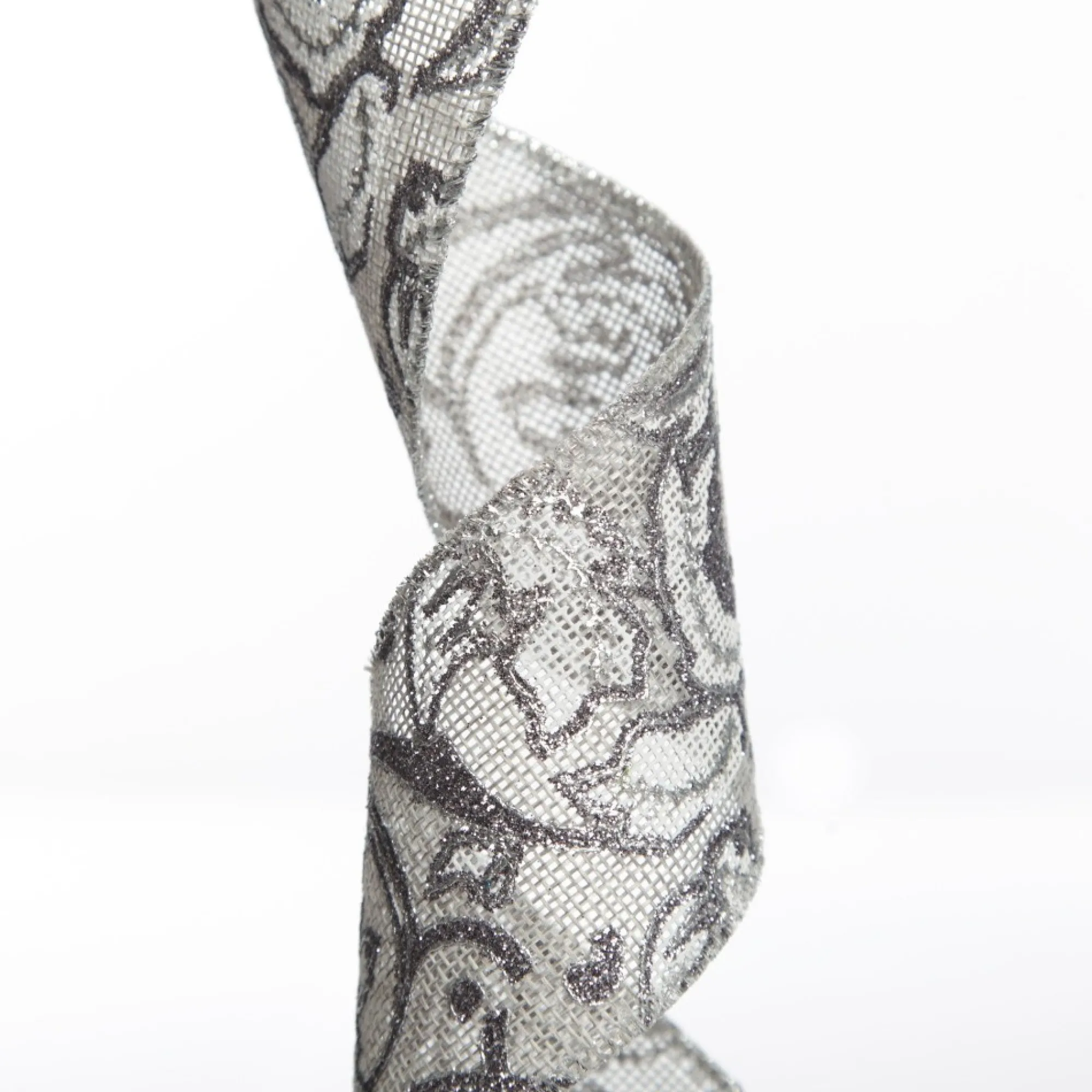 Grey Linen with Silver Glitter Floral Pattern Ribbon Cheap