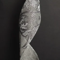 Grey Linen with Silver Glitter Floral Pattern Ribbon Cheap