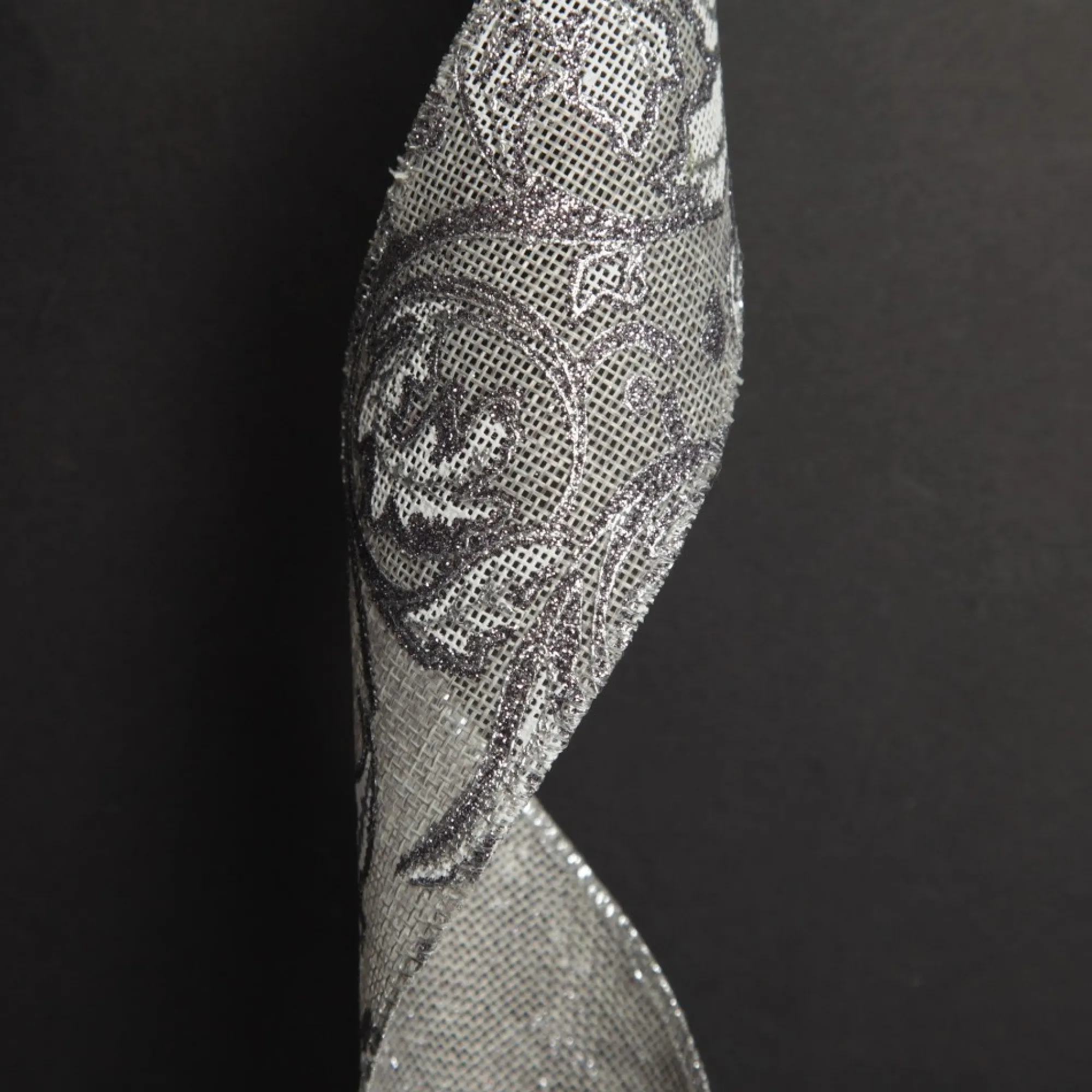 Grey Linen with Silver Glitter Floral Pattern Ribbon Cheap