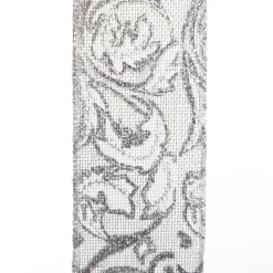 Grey Linen with Silver Glitter Floral Pattern Ribbon Cheap