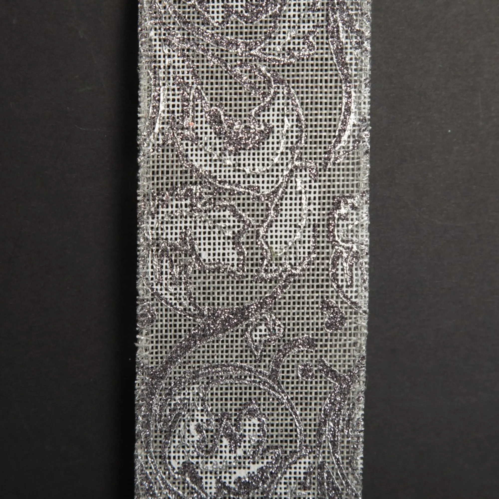 Grey Linen with Silver Glitter Floral Pattern Ribbon Cheap