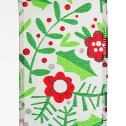 Holly & Berry Flowers Wired Ribbon New