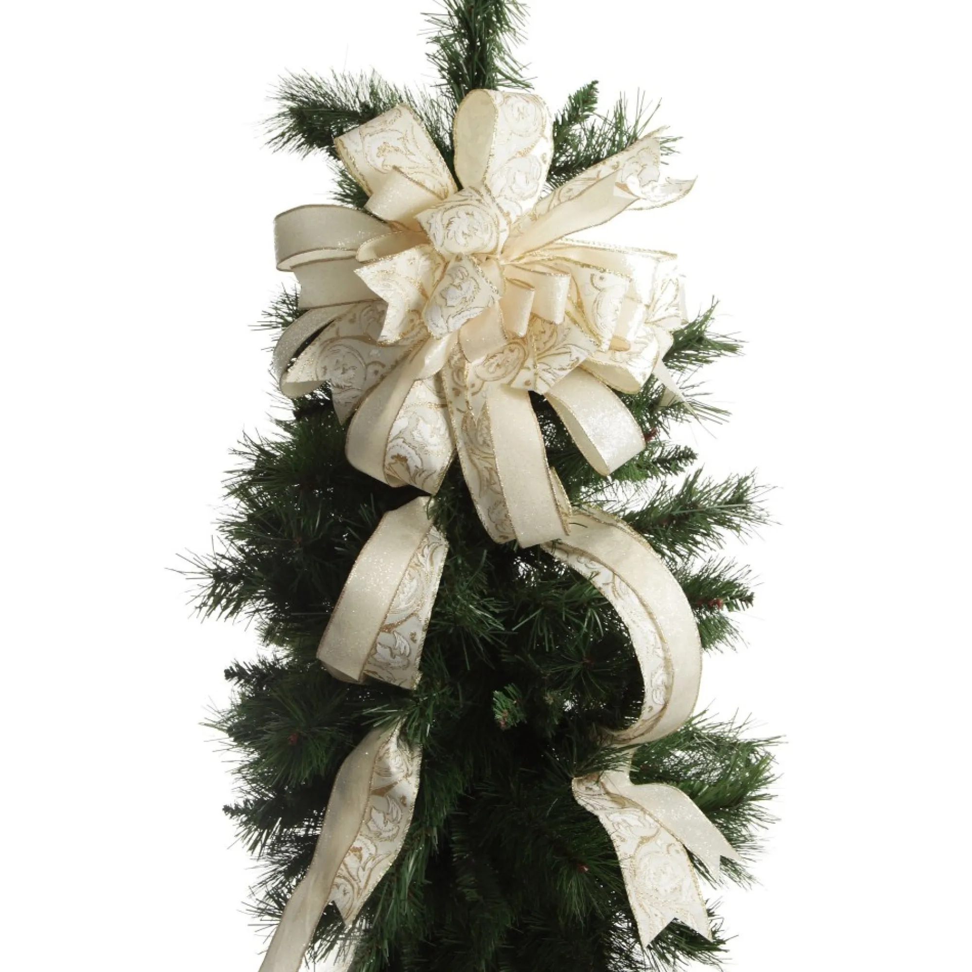 Ivory and Gold Glitter Deluxe Tree Topper Bow with Streamers Clearance