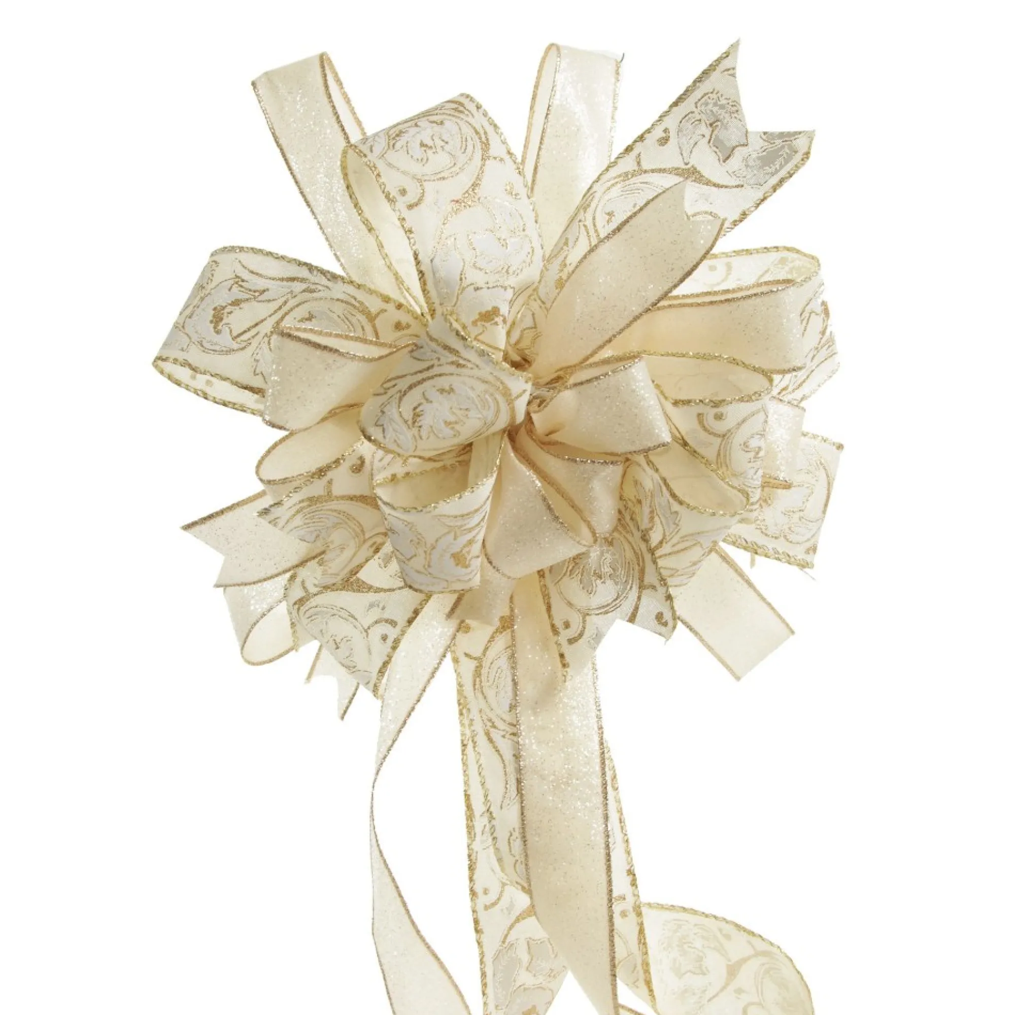 Ivory and Gold Glitter Deluxe Tree Topper Bow with Streamers Clearance